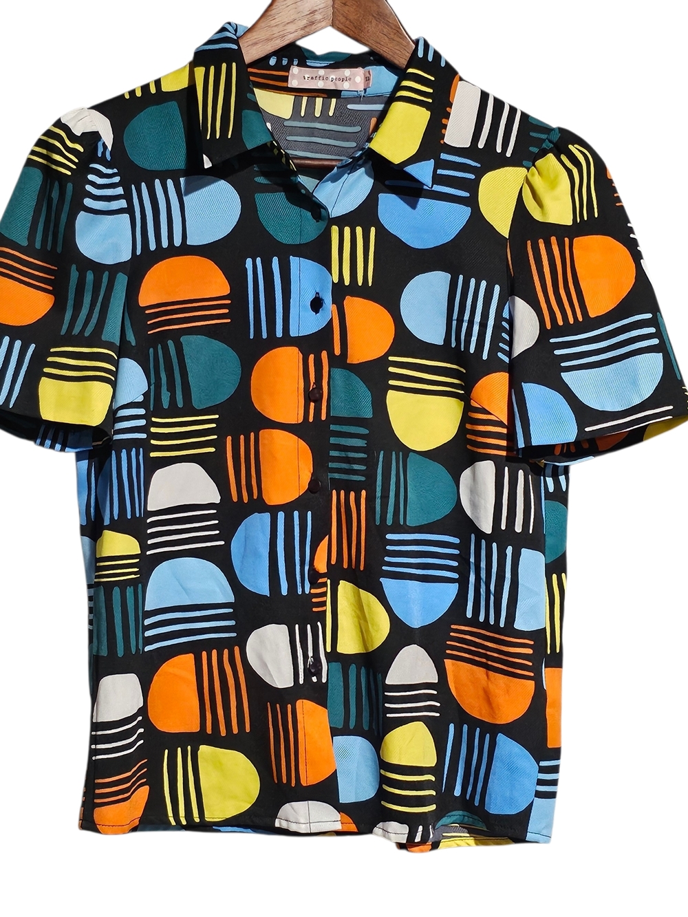 Traffic People Geometric Abstract Print Short Sleeve Button Up Top XS Retro
